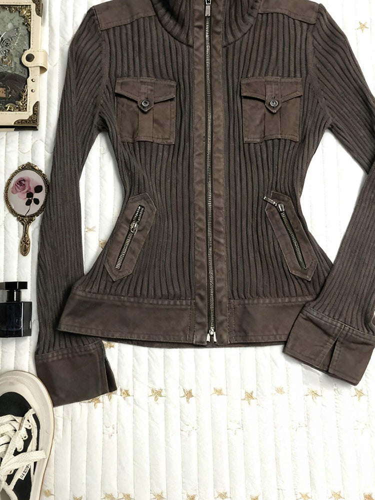 brown retro stand-up collar slim knitted cardigan