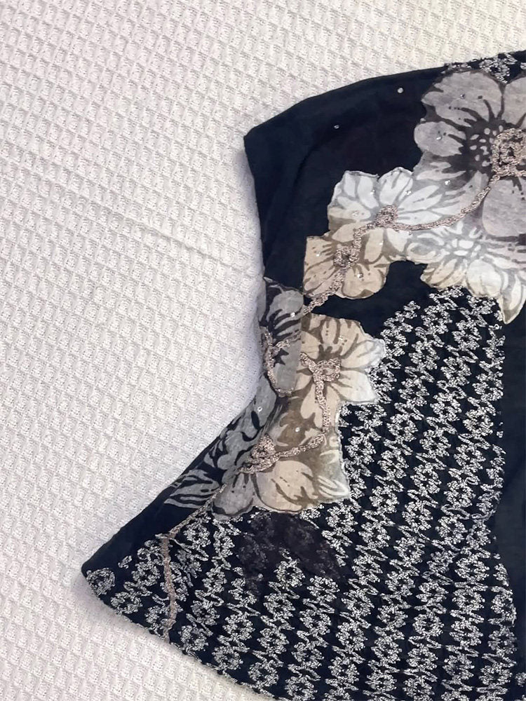 black flower mesh strap top