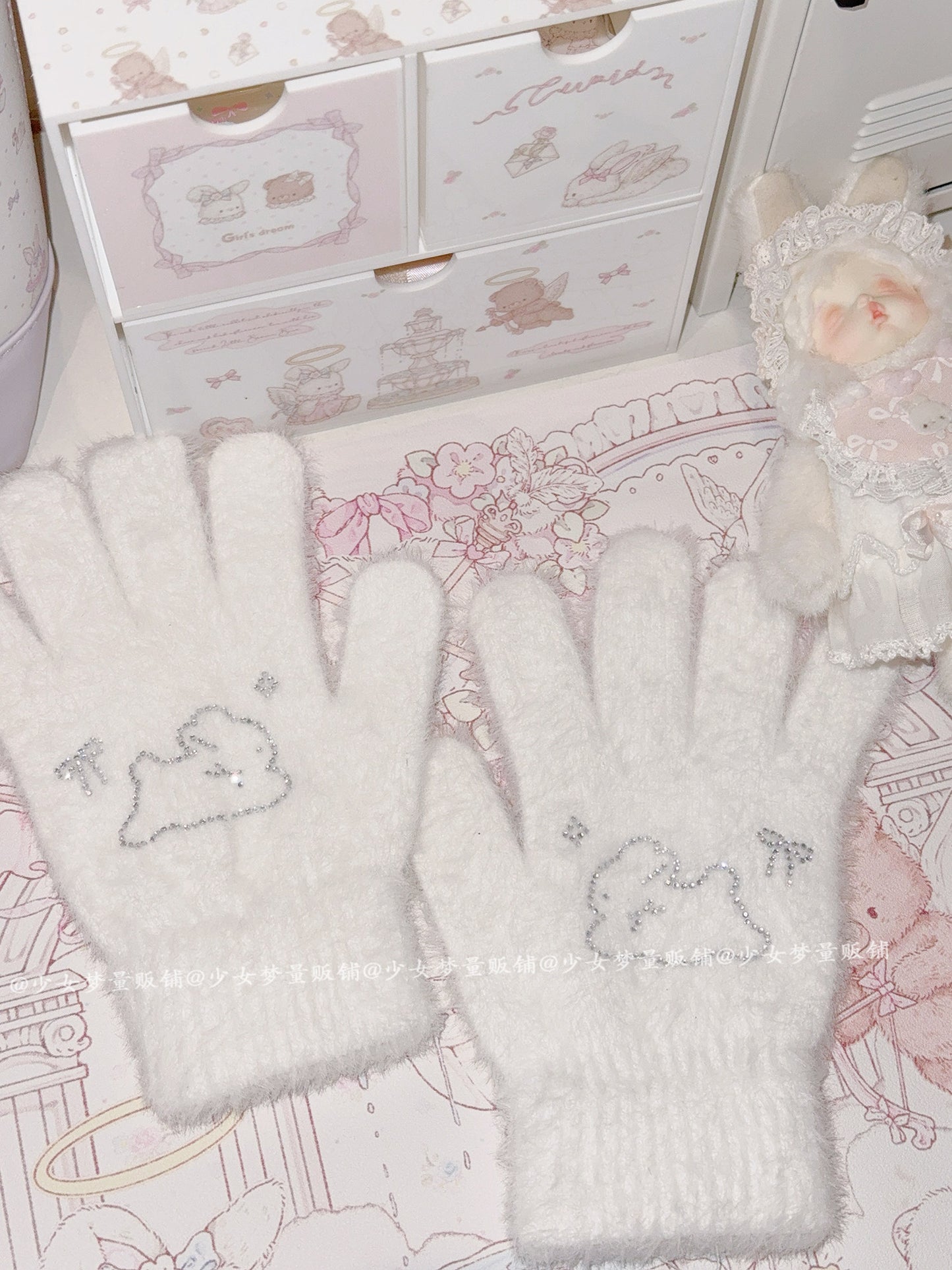Cute Rhinestone Bunny Fingered Plush Gloves