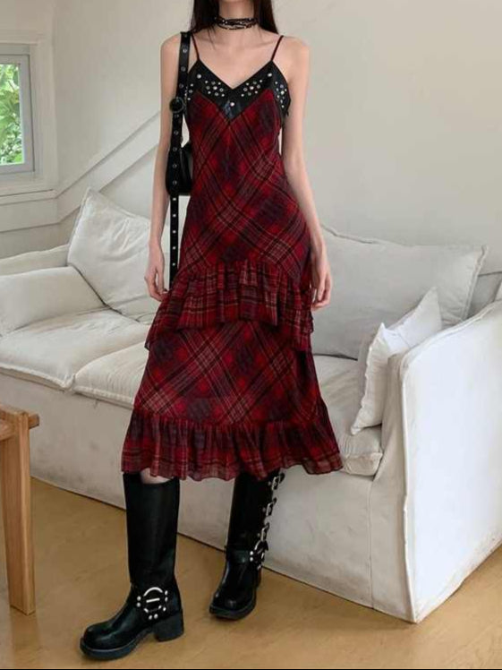 Goth Suspender Plaid Maxi Dark Coquette Dress