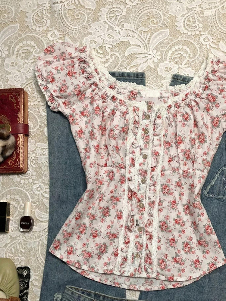 rose floral puff-sleeved shirt