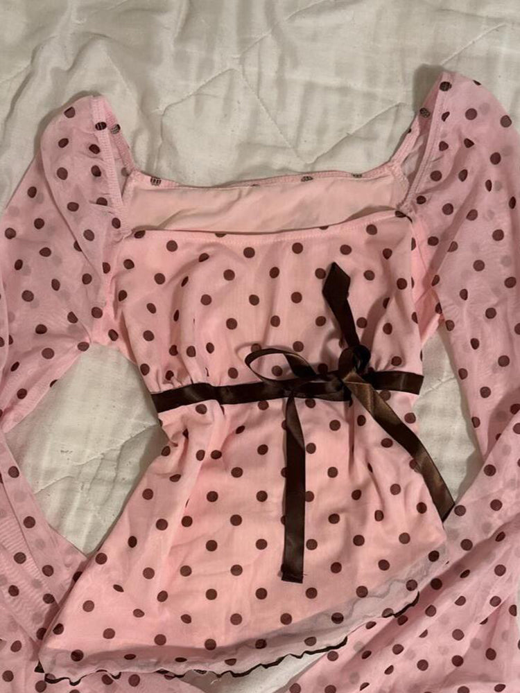 polka dots coquette bow long-sleeved shirt