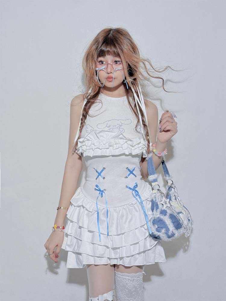 Goth Straps Ruffled Cake White Dress