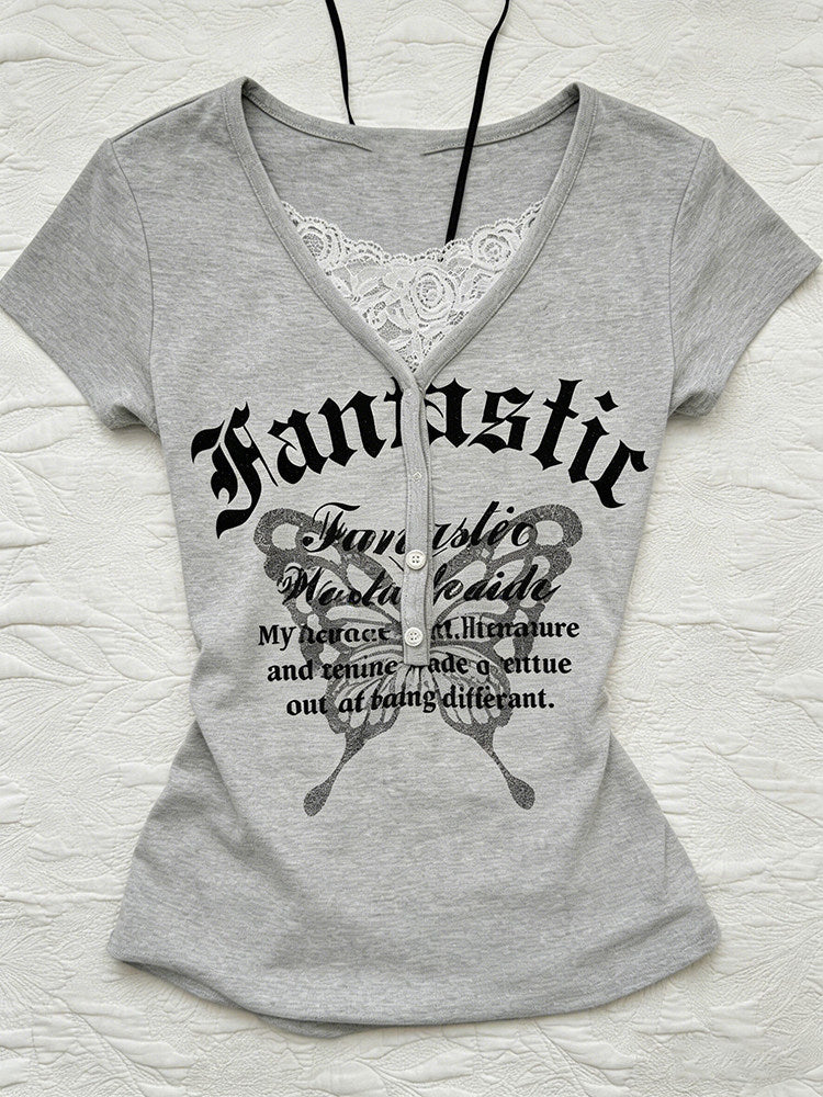 retro gray lace butterfly shirt