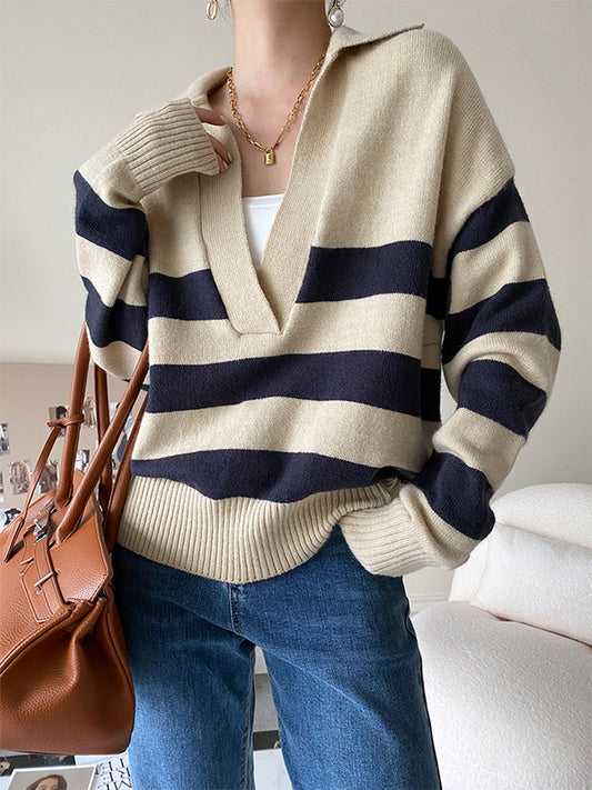 Preppy Striped V-neck Knit Top