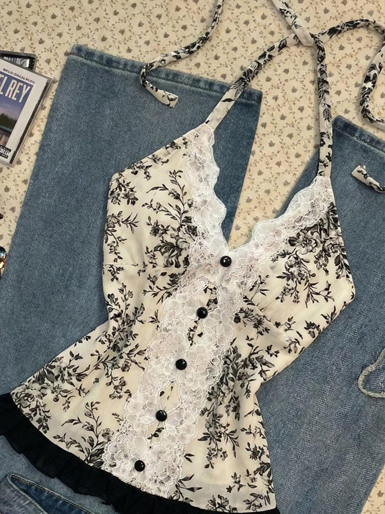 black lace floral halter top