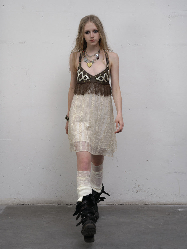 Vintage punk patchwork leather strap tie-up dress