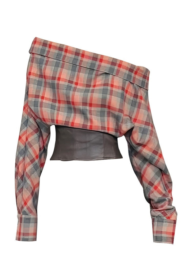 Vintage Plaid Off-Shoulder Leather Patchwork Long-Sleeve Top