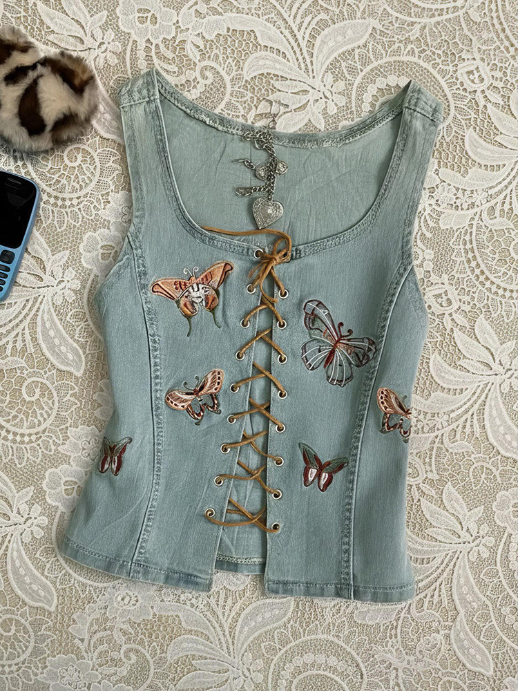 denim butterfly straps corp top