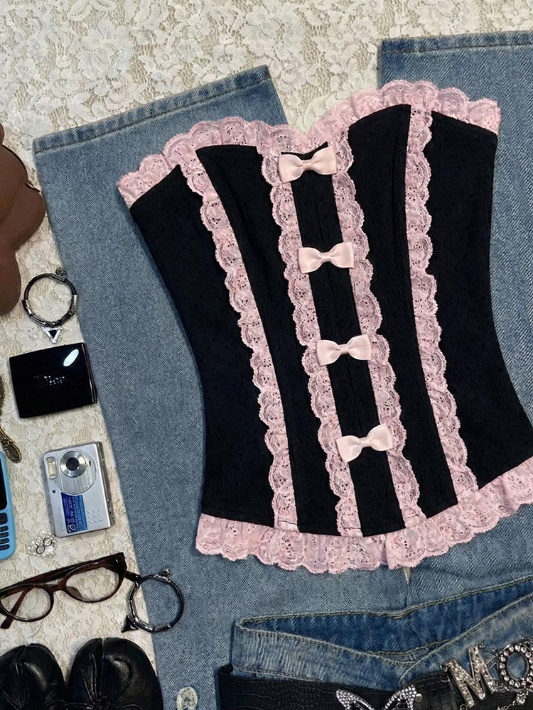 pink lace bow black crop top