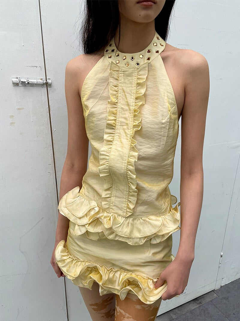 Floral Lace Neckline Light Yellow Halter Neck Set