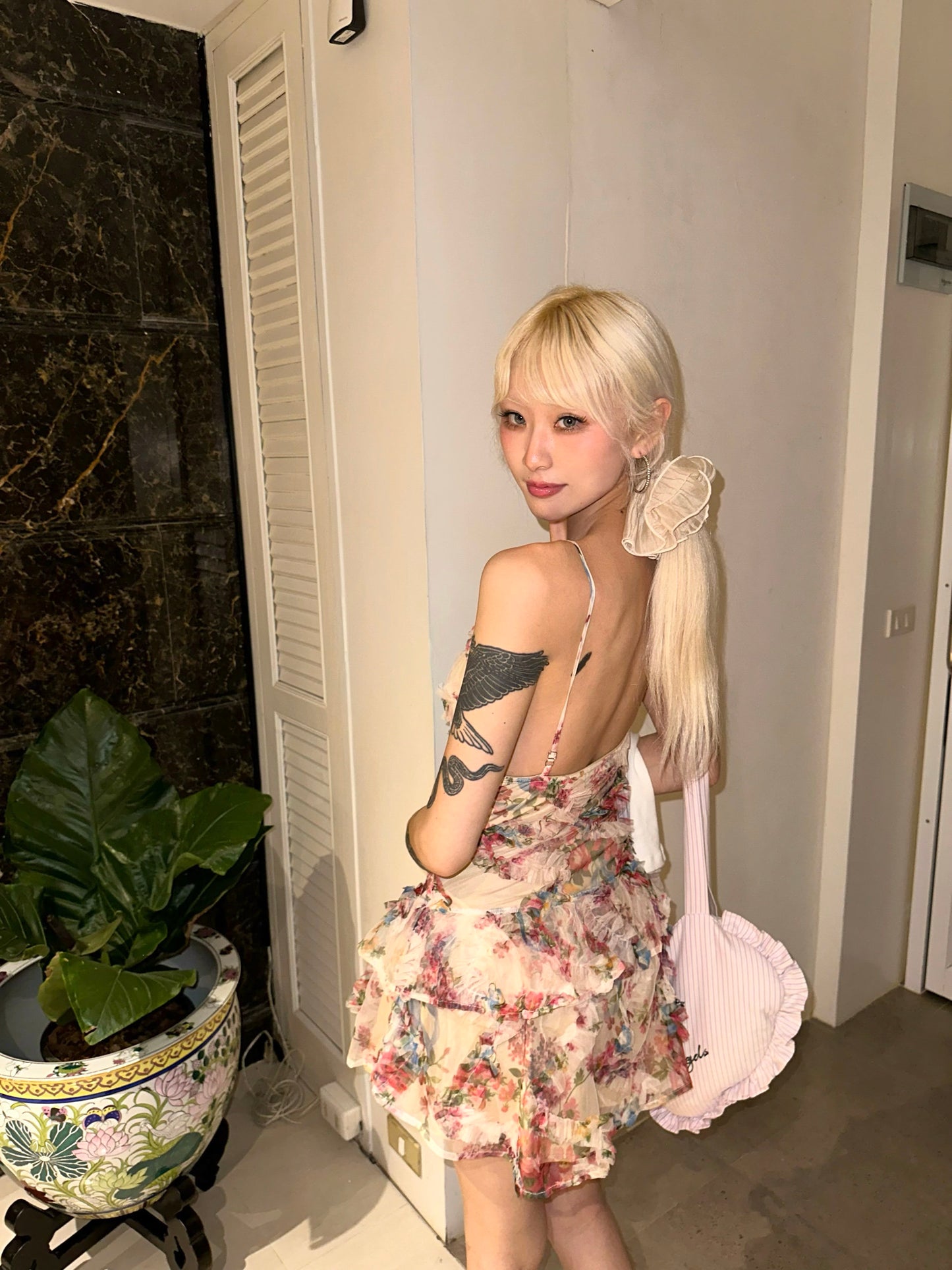Fairyland Puff Short Nude Printed Mesh Dress