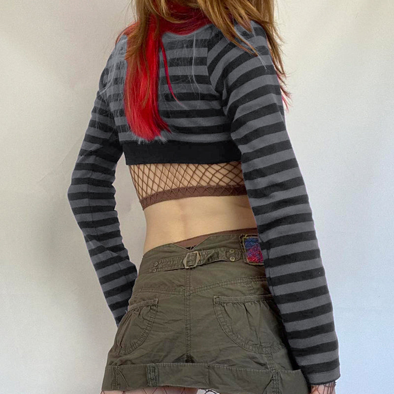 Y2K Striped Knitted Crop Long-sleeved Top