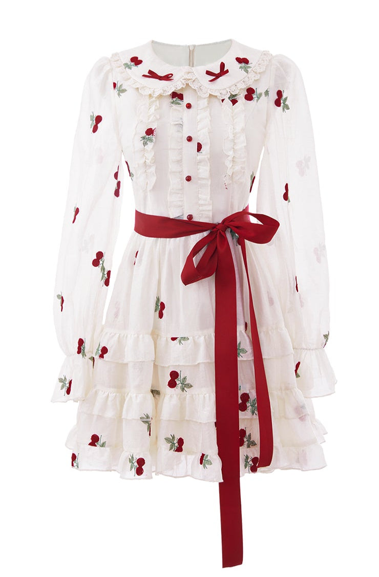 Cherry Embroidered Lace Long-sleeved Dress