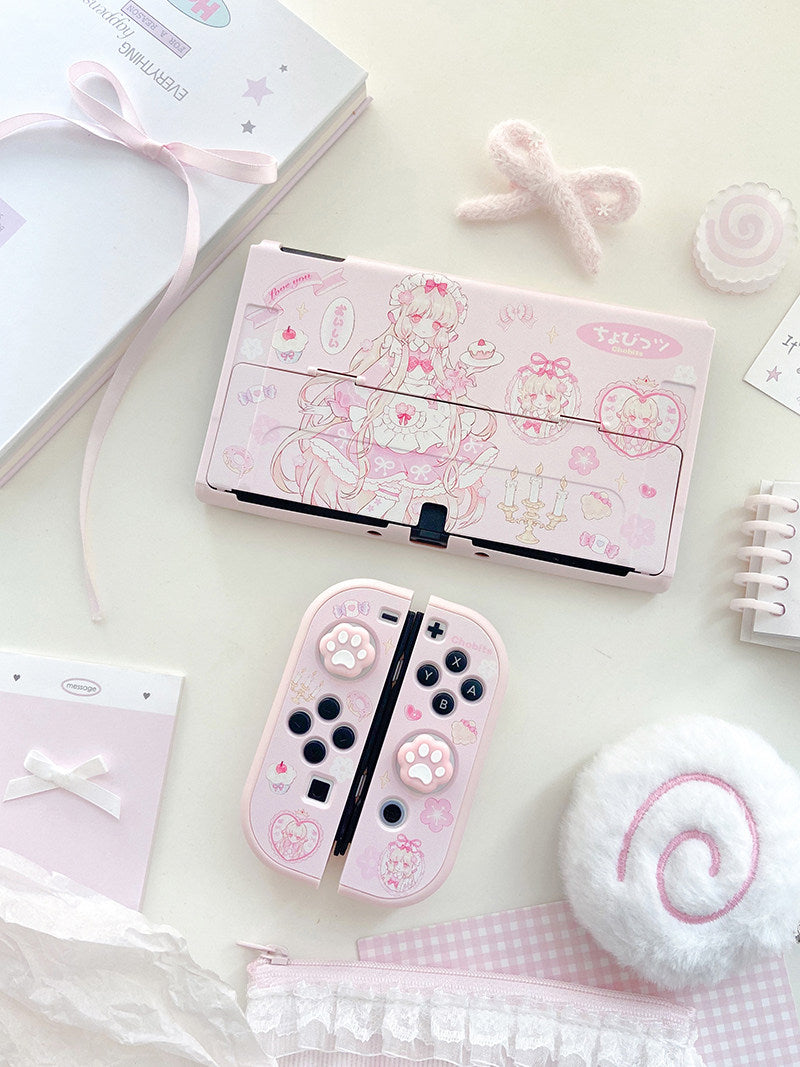 Cute pink switch oled protective case [ns battery life version] milk powder (hard back plate + hard handle) (can open the stand) (free rocker cap)