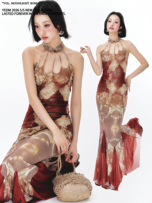 Tie-strap sleeveless cheongsam vintage dress
