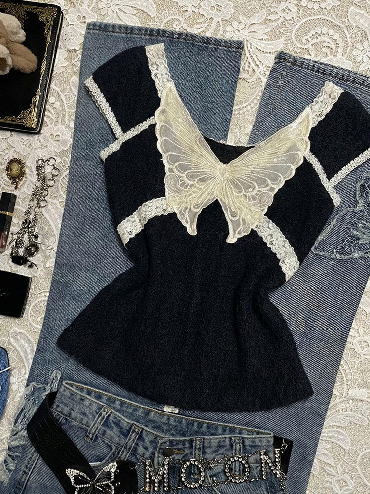 lace butterfly black shirt