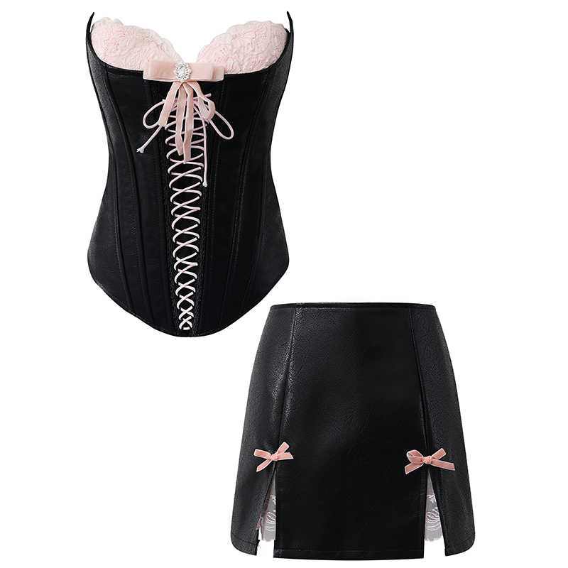 Hourglass Bow Leather Corset Dark Coquette Coord