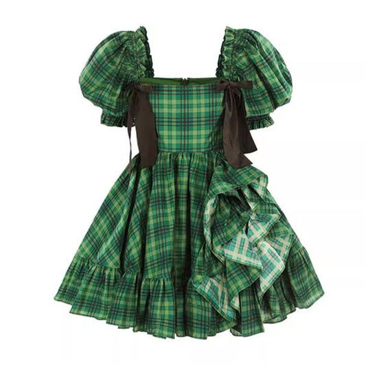 French Retro Green Checkered Dress