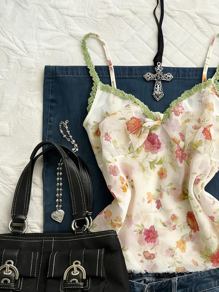 floral green lace tank top