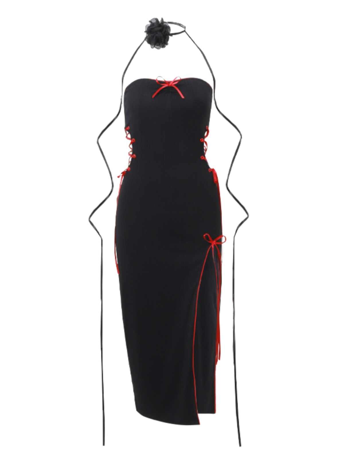 Red Strap Bow Hollow Dark Coquette Dress