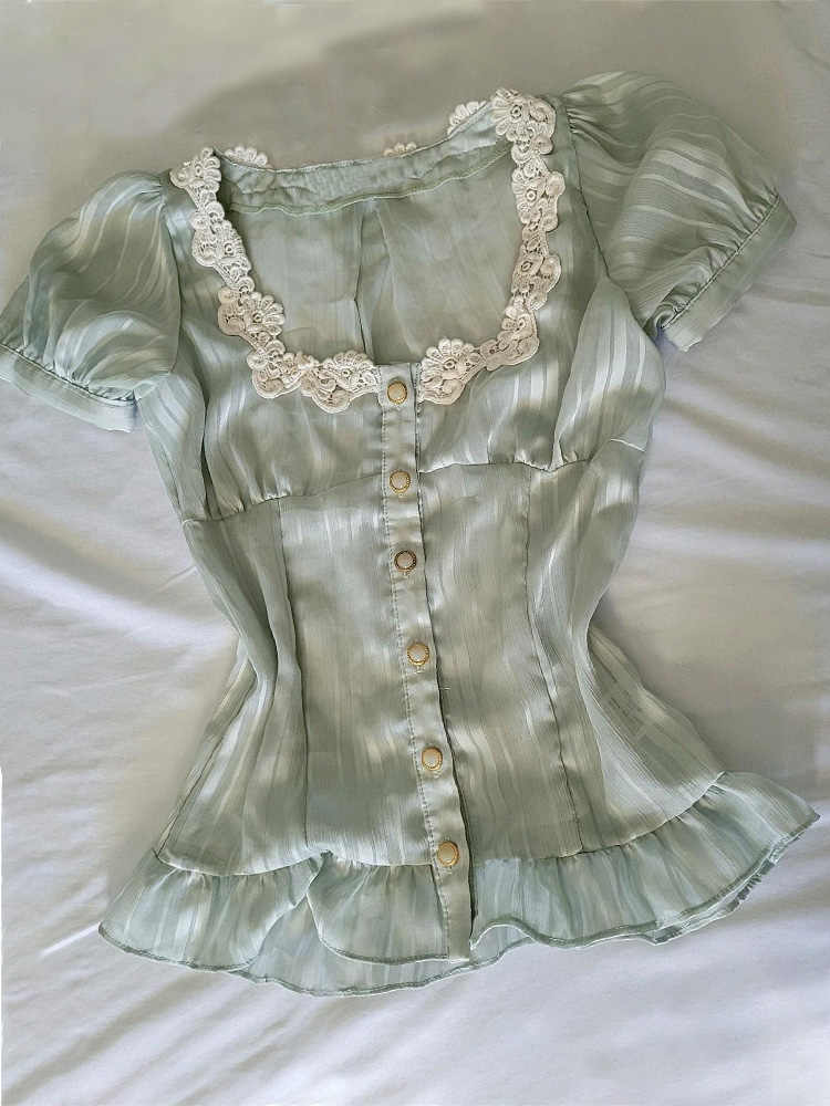 French Retro Green Lace Top