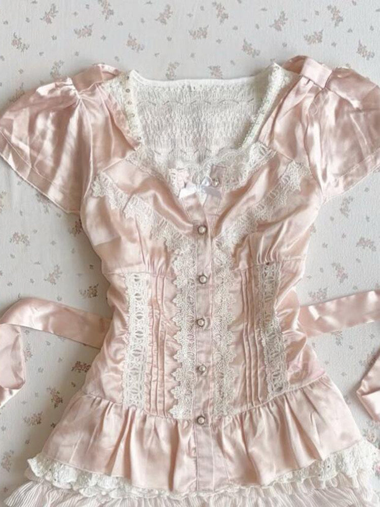 French Vintage Lace Panel V-Neck Puff Sleeve Cinched Waist Blouse