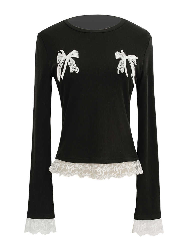 Preppy Lace Bow Coquette Long-sleeved Top