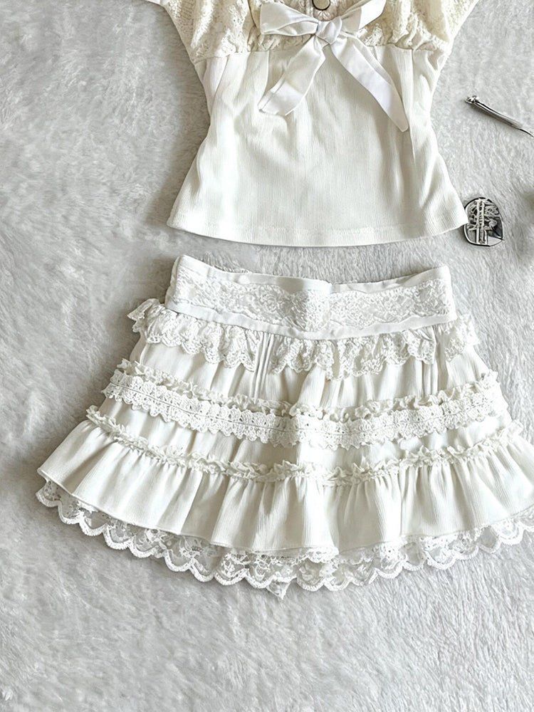 retro white lace top+skirt suit