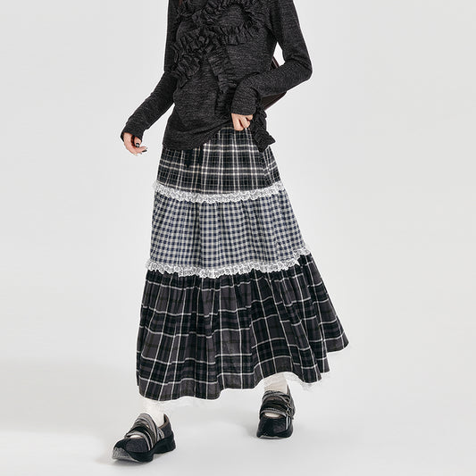 Fairy Grunge Plaid Lace Spliced Skirt