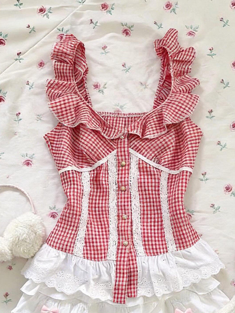 retro plaid red ruffled tank top