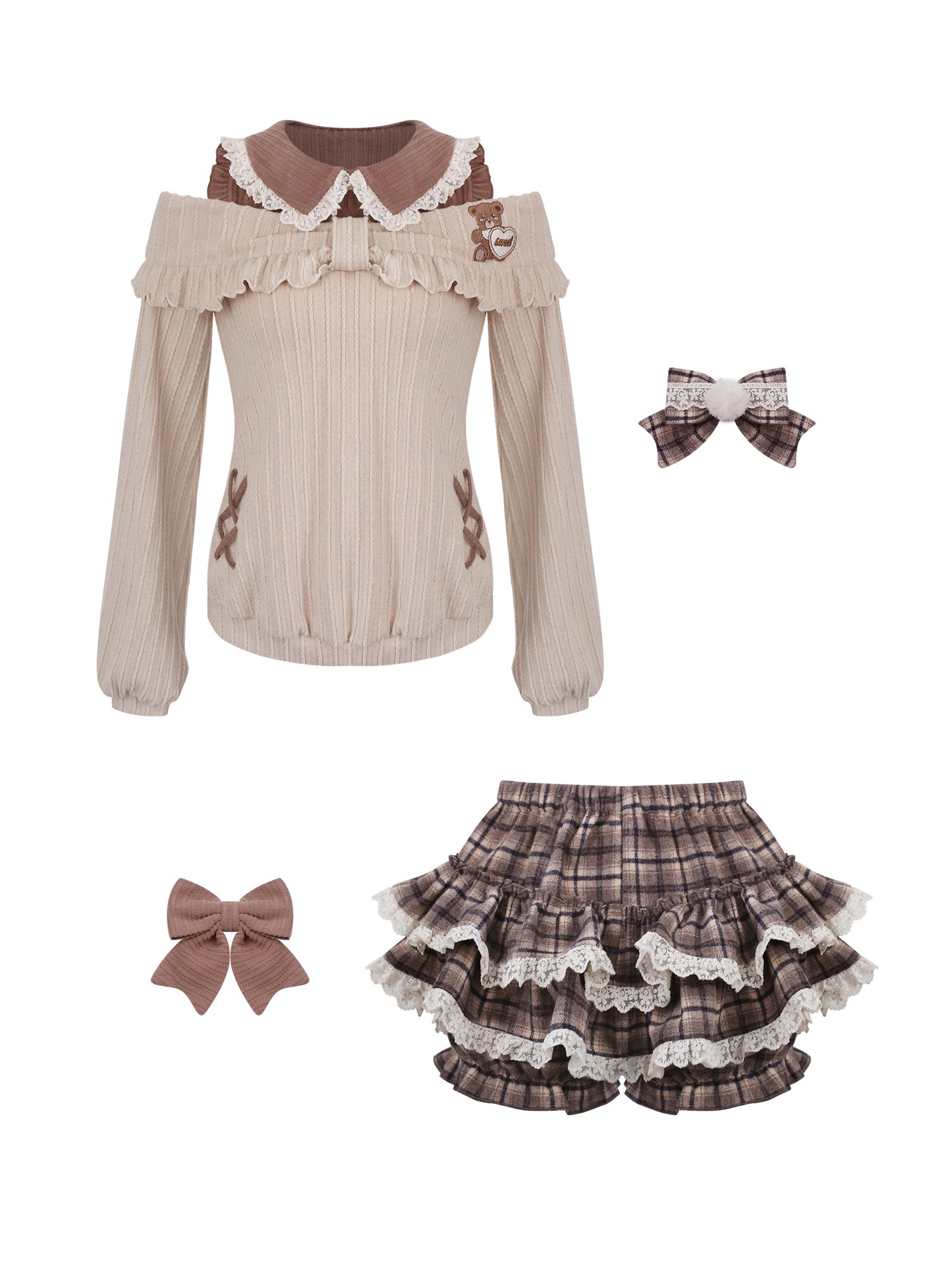 brown plaid bow kawaii jumper