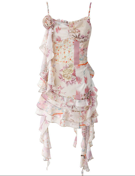 Rose Irregular Ruffled Floral Coquette Dress