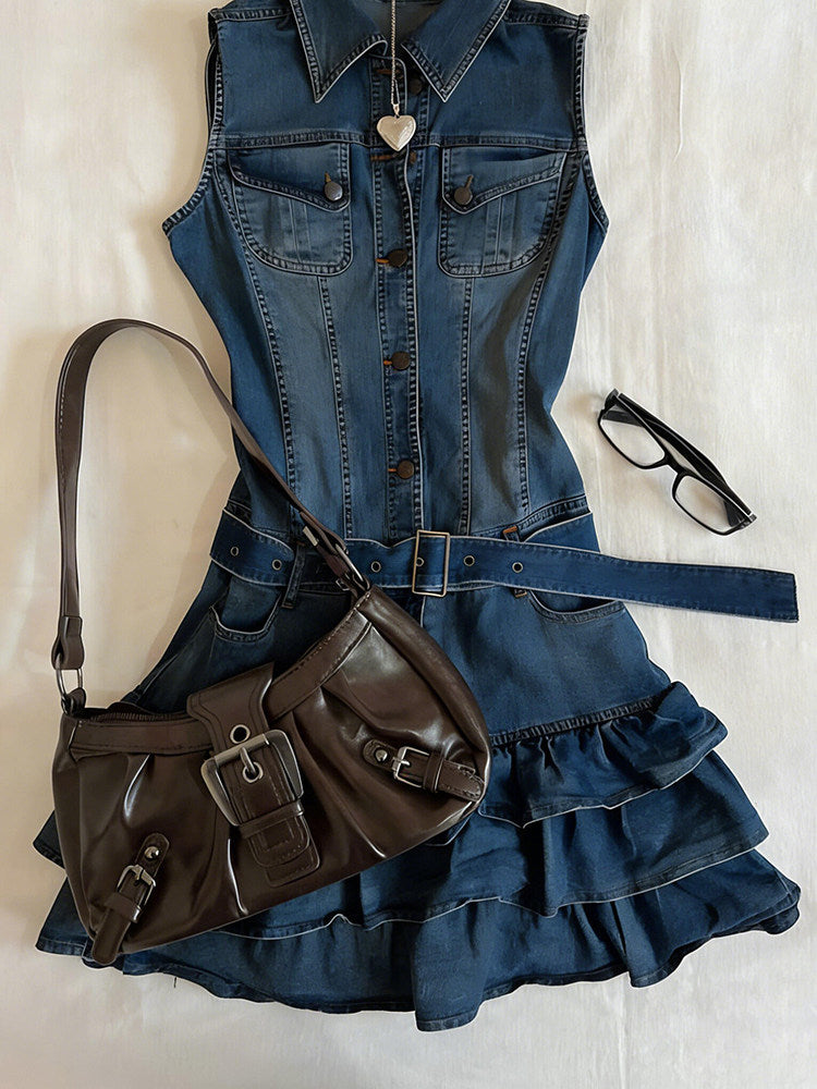 denim sleeveless ruffled dress
