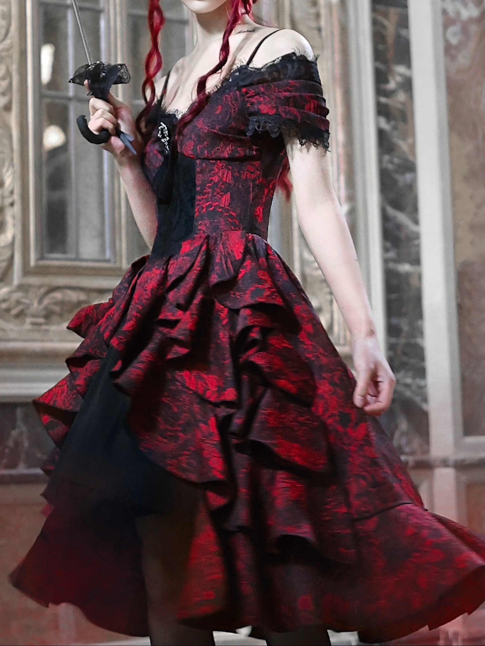 Gothic Black and Red Jacquard Palace Dress