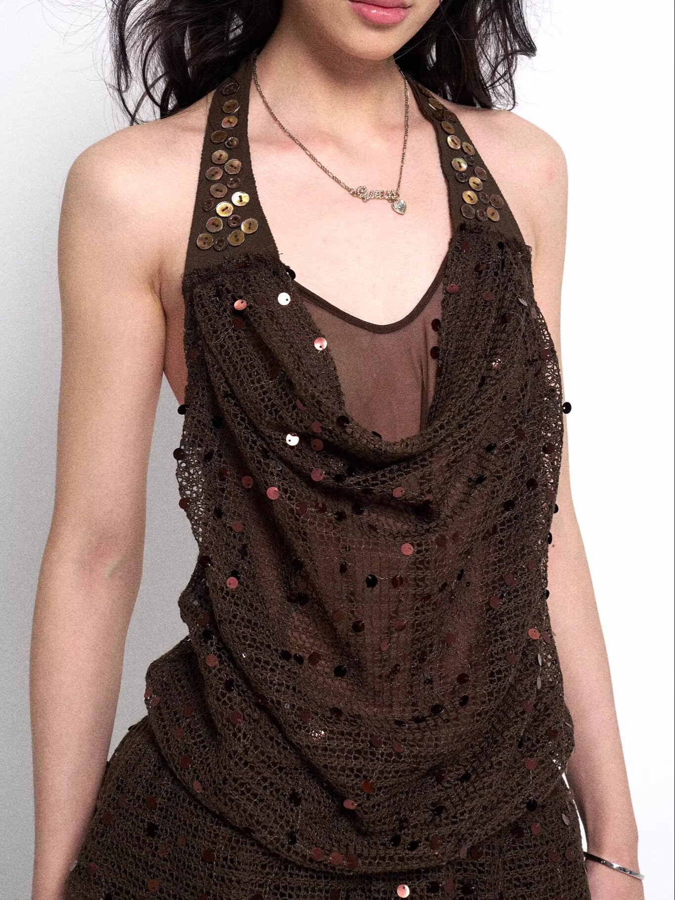 Y2K Sequin Halter Neck Micro Mini Dress – Sexy Two-Tone Layered Style