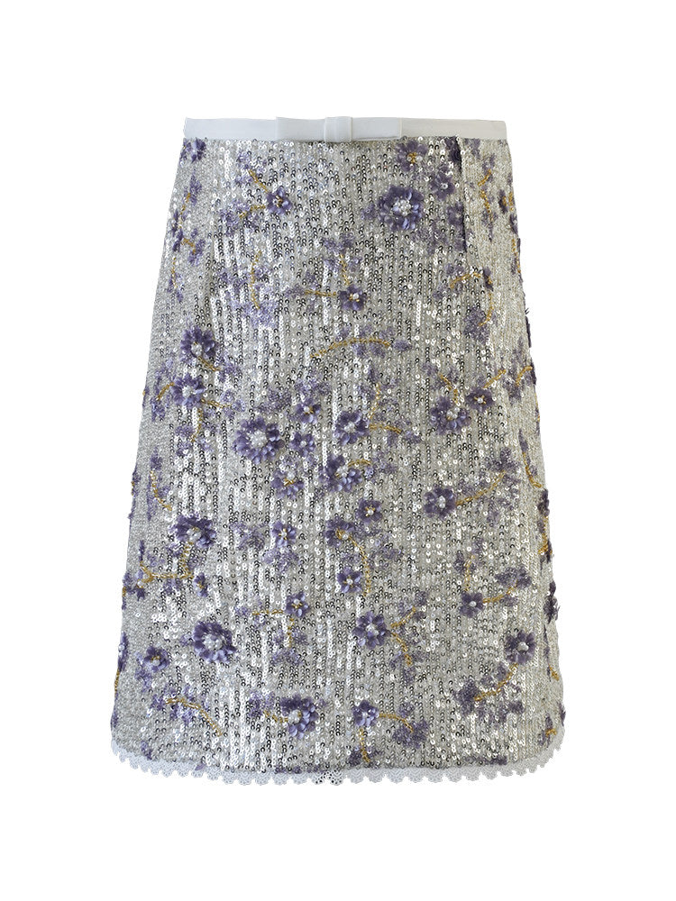 Tweed-style Heavy Embellished Floral Sequined Skirt