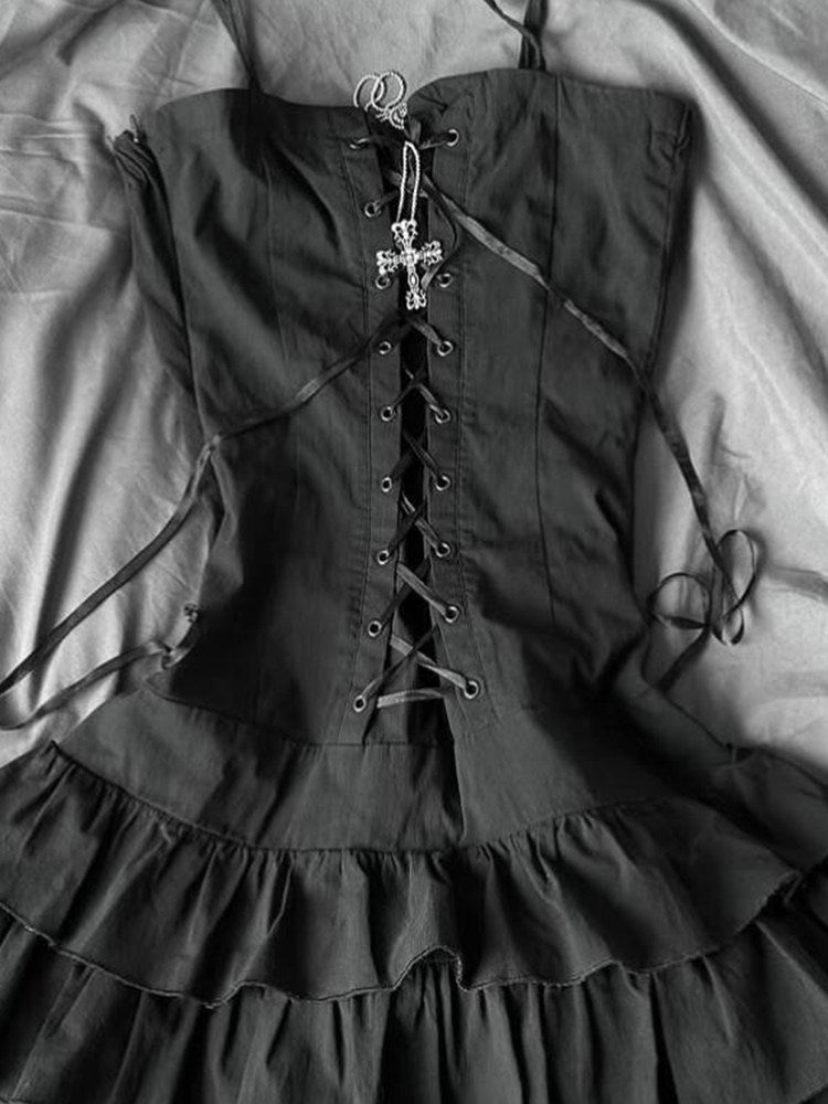 retro gray ruffled corset dress