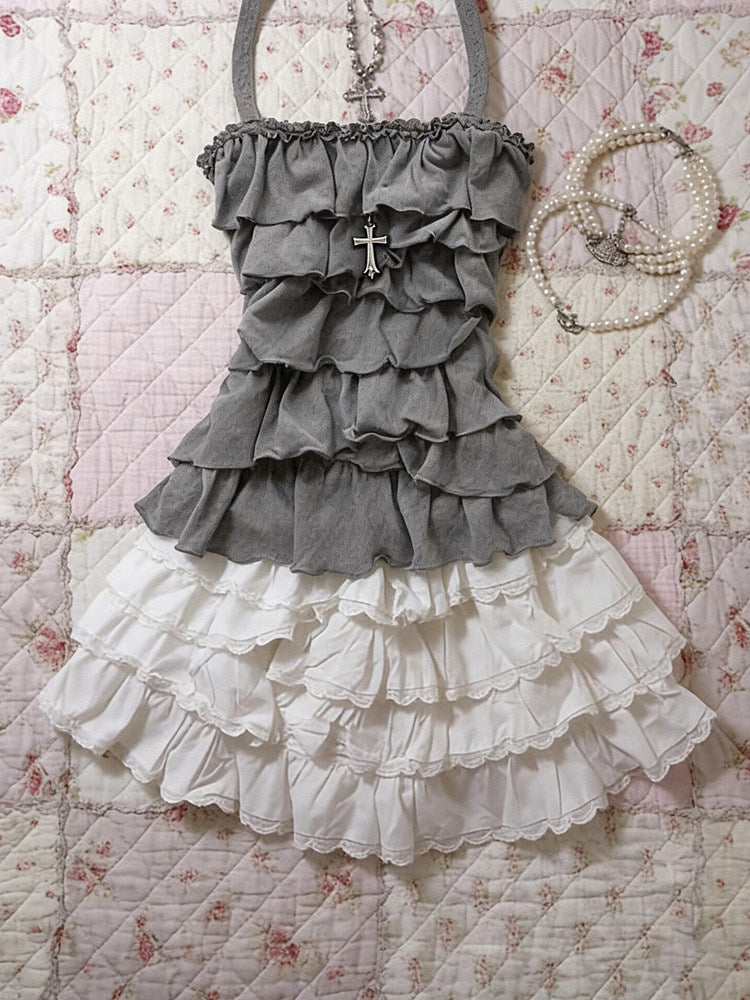 retro gray ruffled tank top