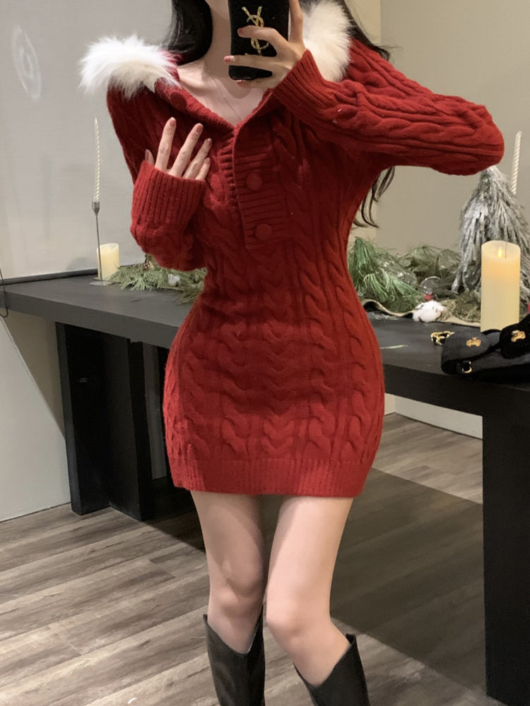 Christmas hooded fur collar knitted dress