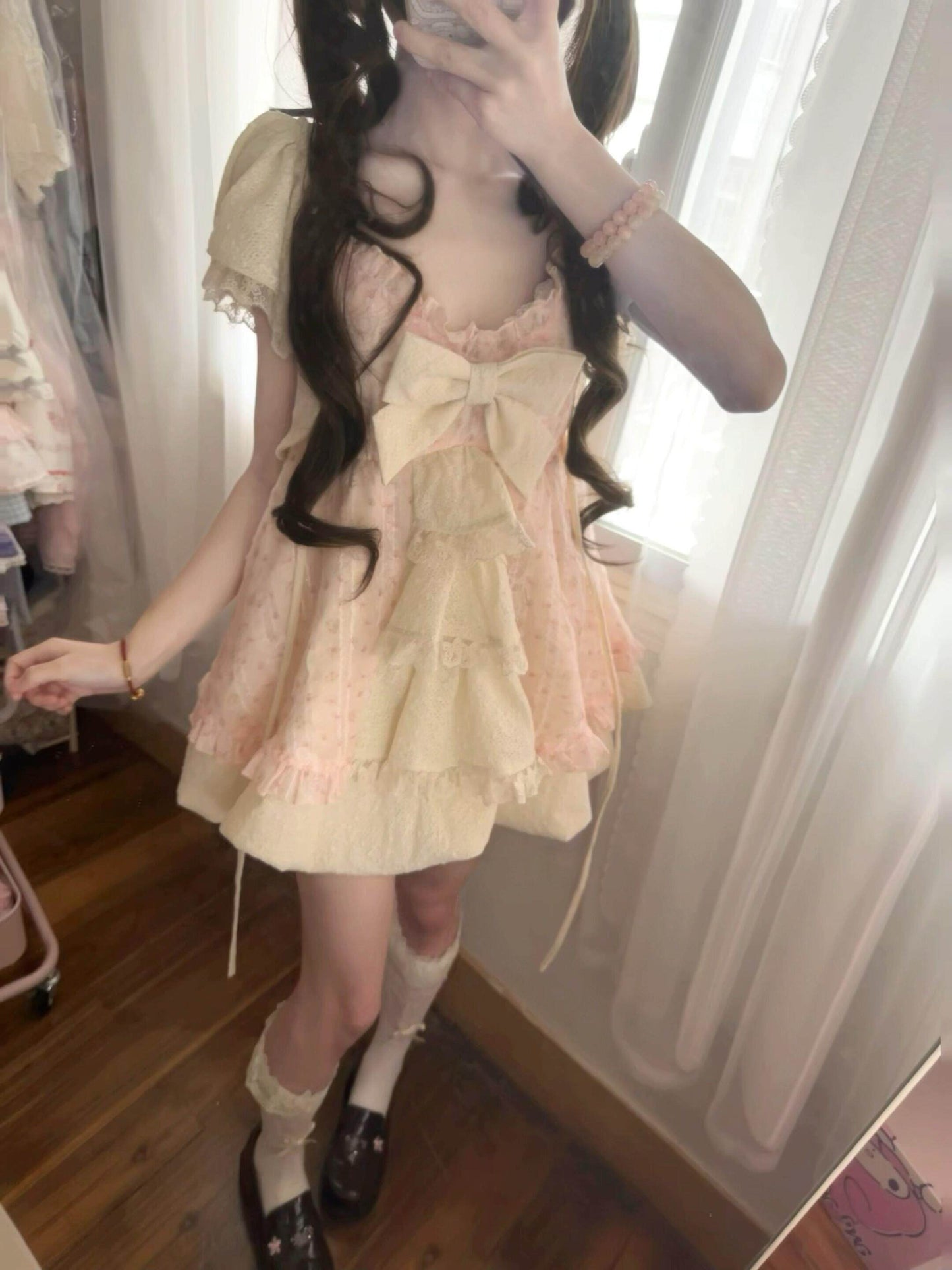 Lace Bow Puffy Dress 2-Piece Set