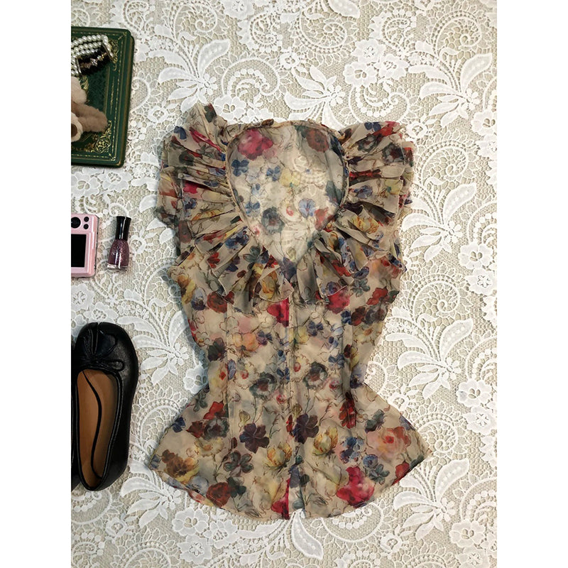 Retro Ruffled V-neck Chiffon Shirt