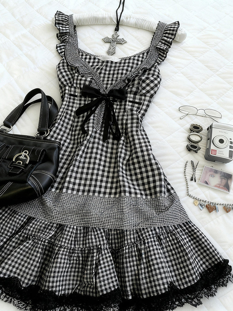 retro plaid bow lace dress
