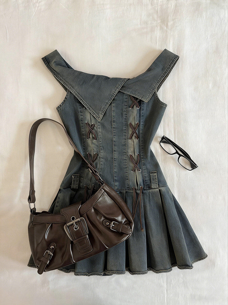 retro denim straps pleated dress