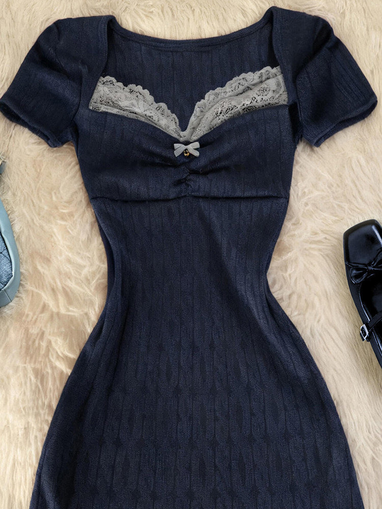 lace bow navy knit dress
