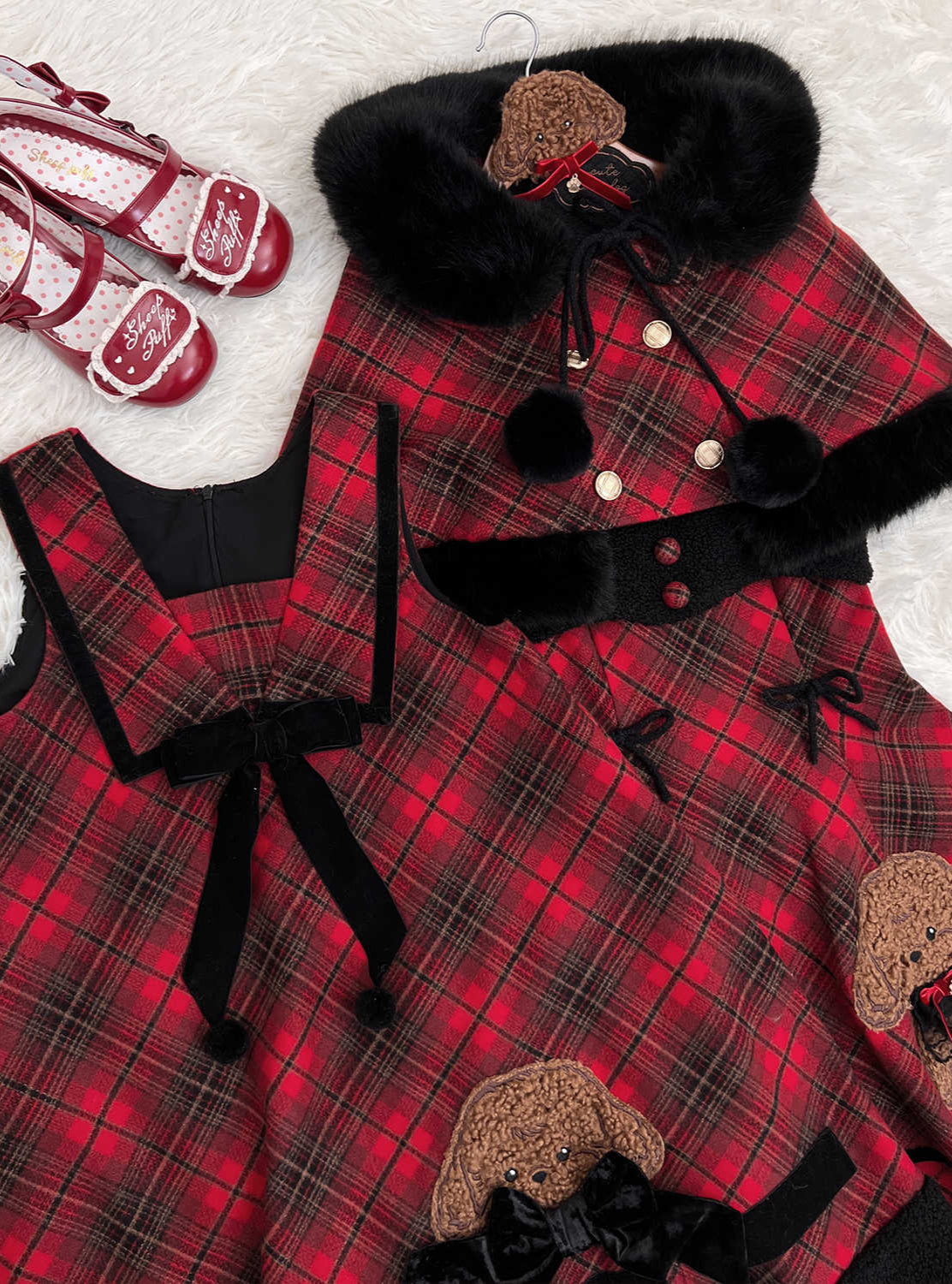 Red Plaid Teddy Dog Embroidered Dress