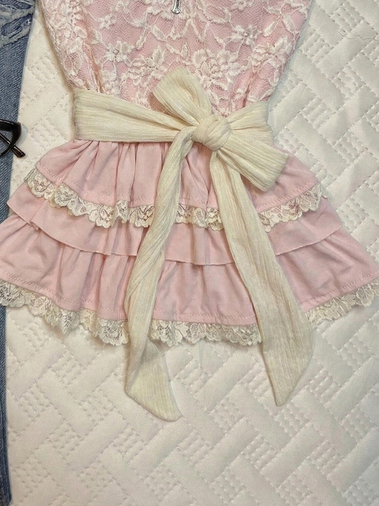 pink lace strap crop top