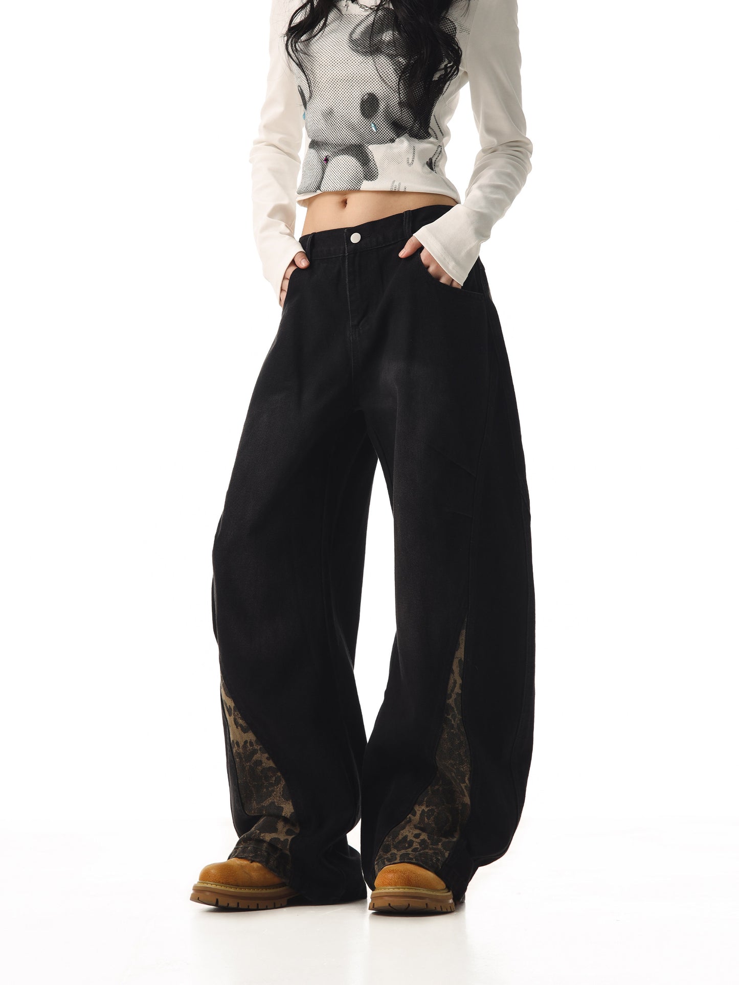 retro leopard print scimitar jeans