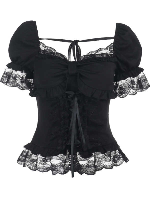 Black Lace Puff-sleeved Top