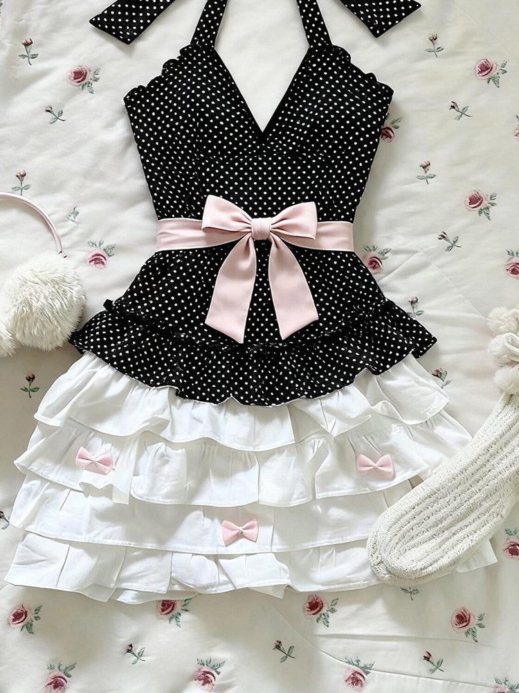 polka dot bow halter-neck dress